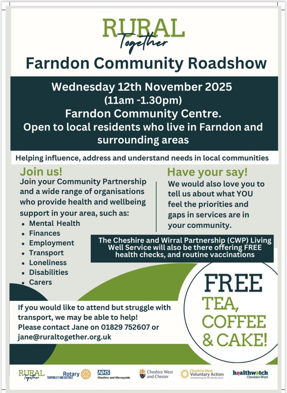 Rural Together Information Leaflet - taking place at Farndon Community Centre Wednesday 12th November 11am - 1.30pm
