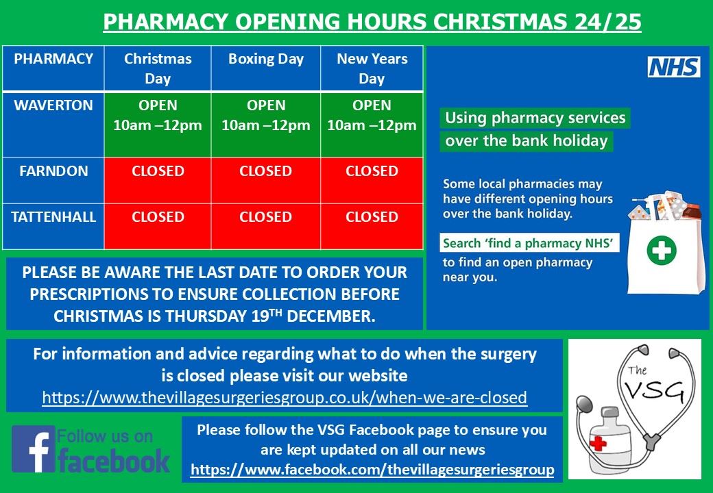 Poster showing Christmas and New Year Local Pharmacy Opening Hours