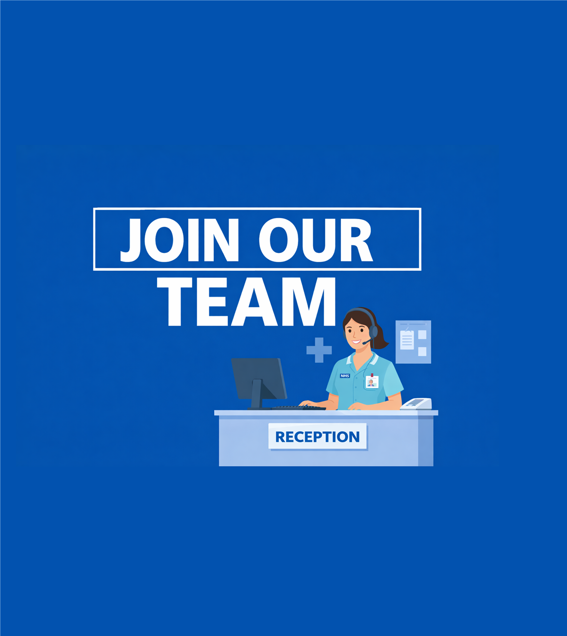 “Illustration of a medical receptionist at a reception desk with ‘Join Our Team’ text.”
