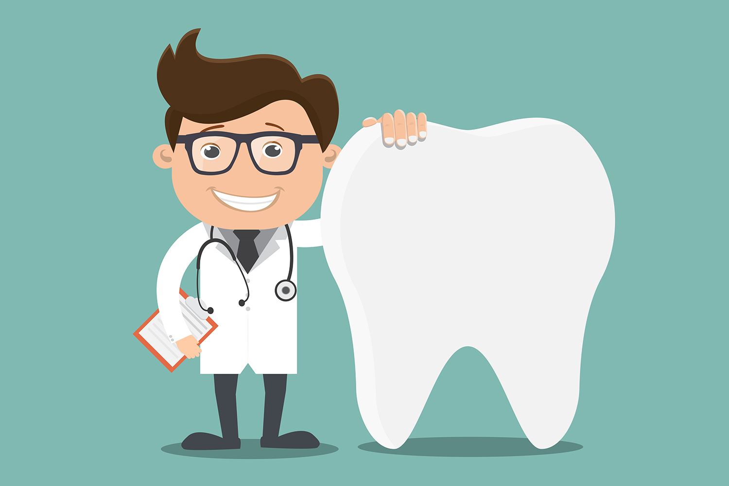 Cartoon image dentist stood next to a tooth