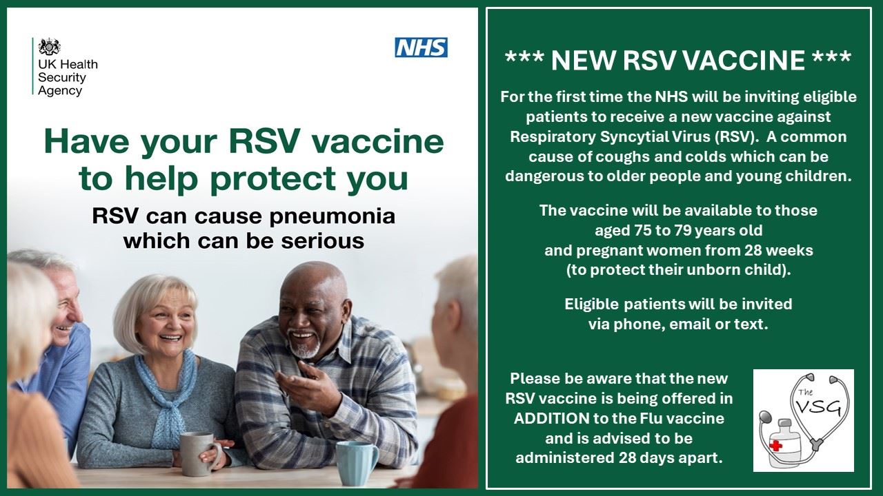 Image of people sat at a table with text to describe the NEW RSV Vaccine