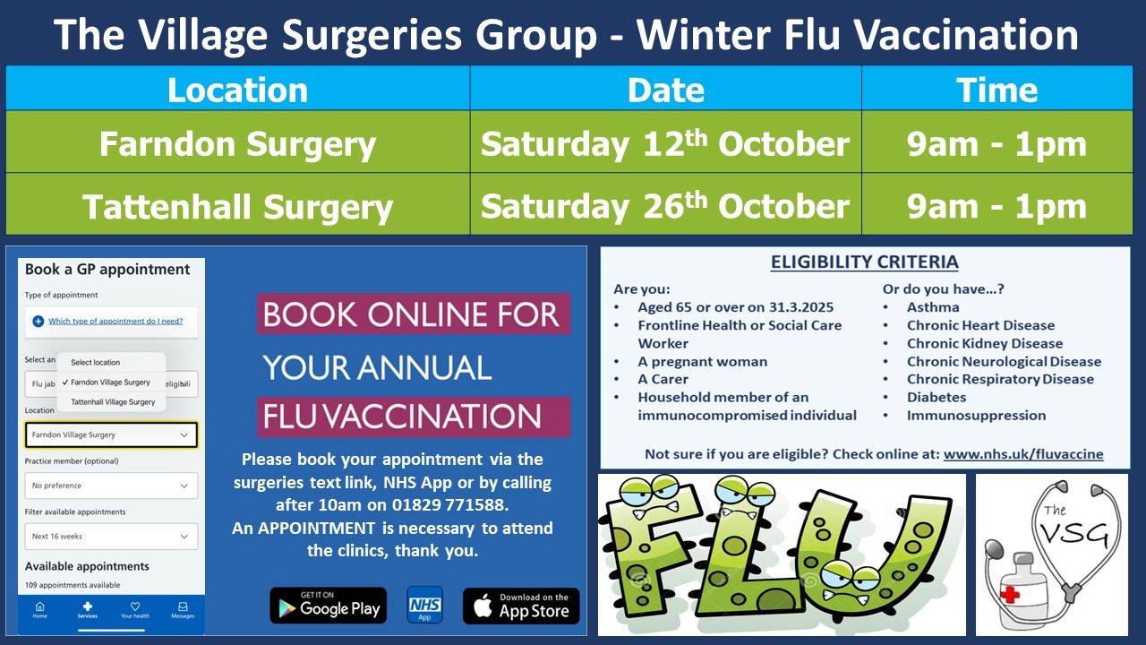 Image showing Adult Flu Clinic dates Farndon Saturday 12th October and Tattenhall Saturday 26th October both on 9am till 1pm