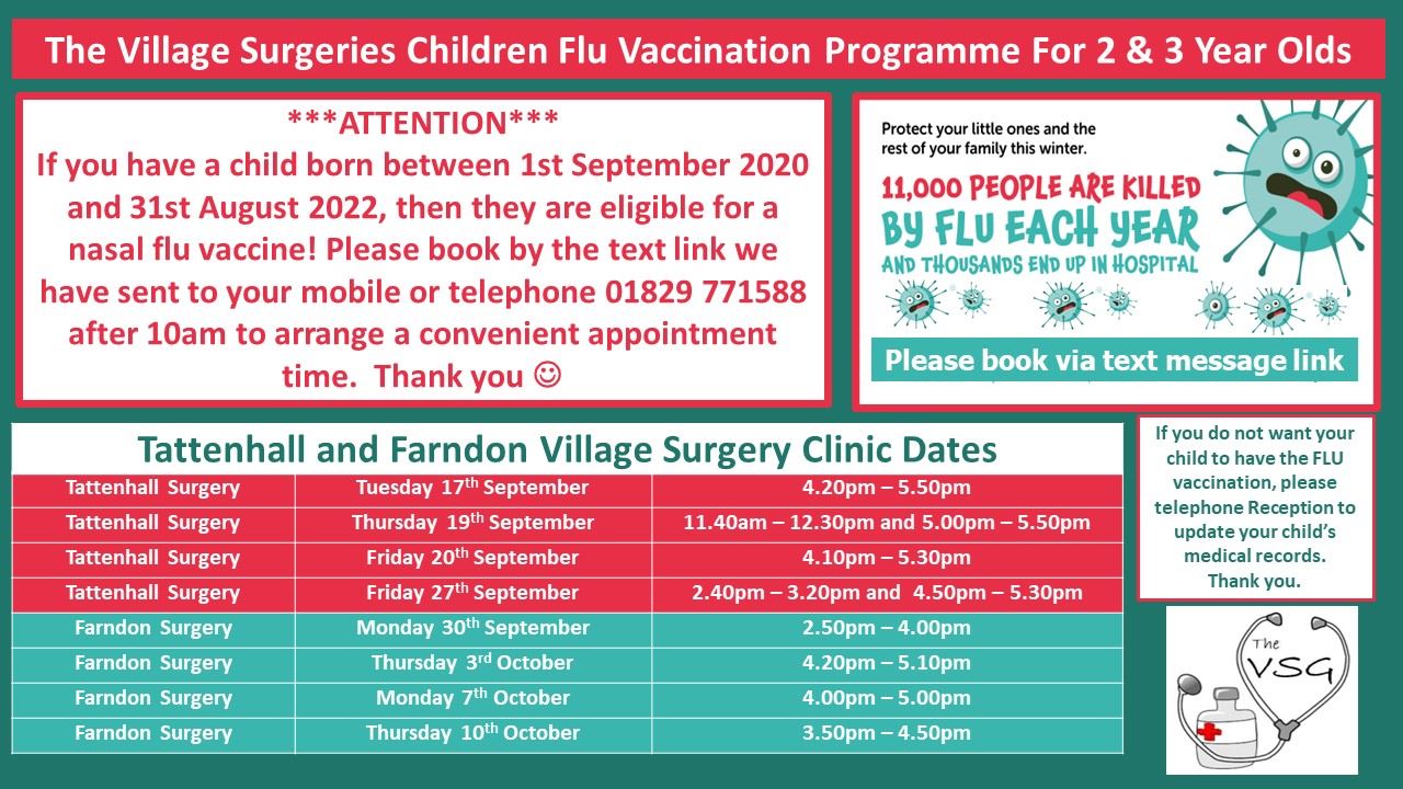 Child Flu Vaccination Programme 2 & 3 year olds clinic appointment date and times